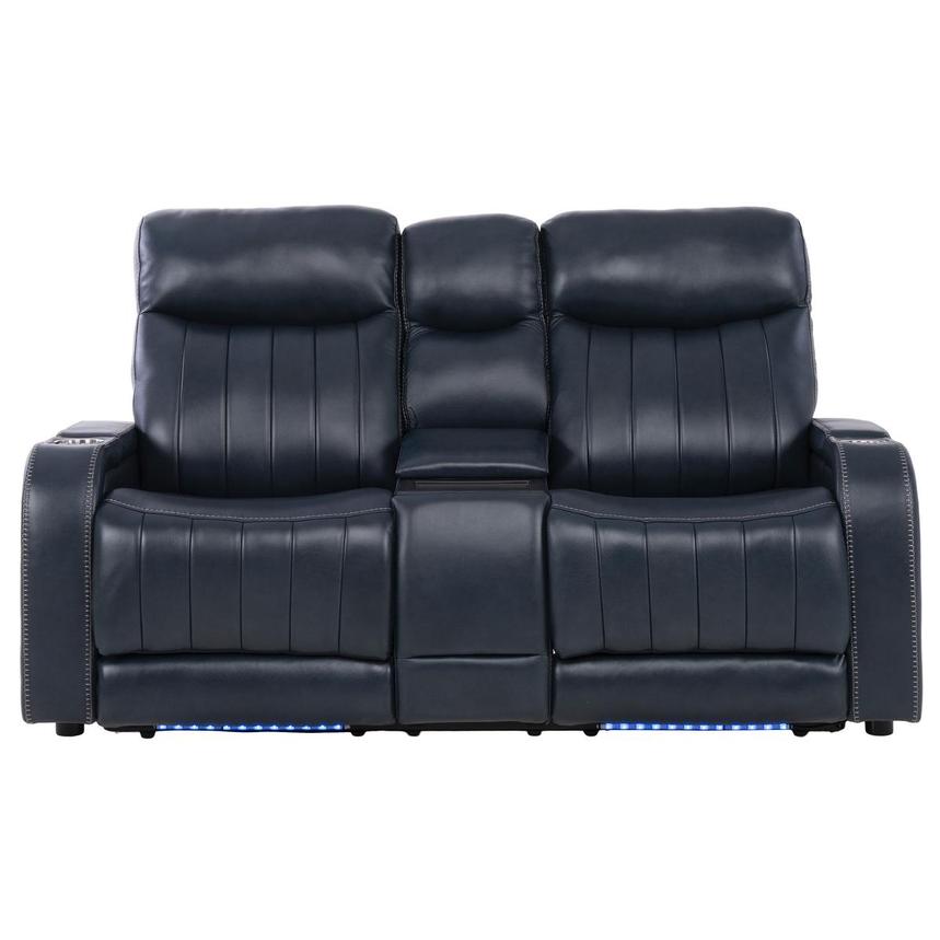 Neptune Blue Leather Power Reclining Sofa w/Console main image, 1 of 16 images.