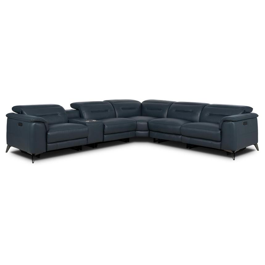 Anabel 2.0 Blue Leather Power Reclining Sectional with 6PCS/2PWR main image, 1 of 13 images.
