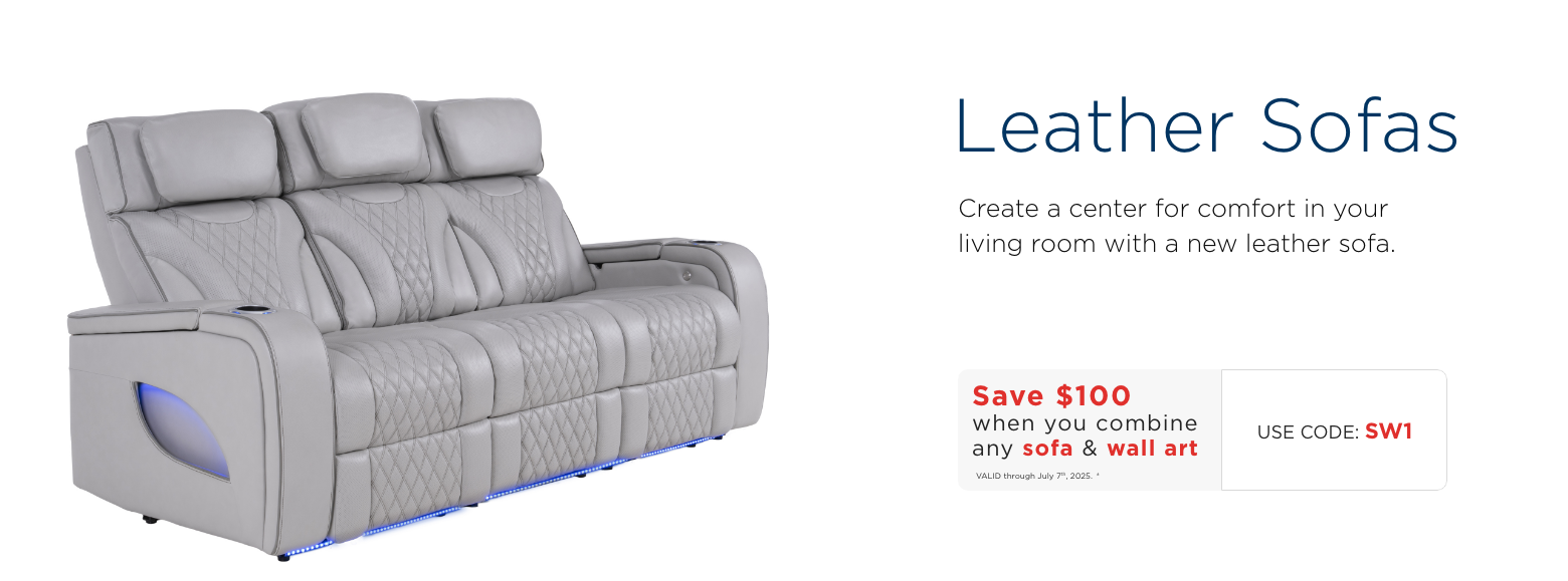 Leather Sofas. Create a center for comfort in your living room with a new leather sofa. Save $100 when you combine any sofa & wall art. VALID through July 7th, 2025. ± Use Code: SW1