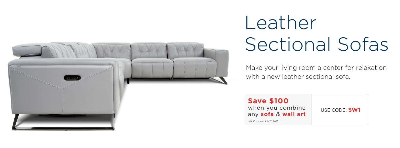 Leather Sectional Sofas. Make your living room a center for relaxation with a new leather sectional sofa. Save $100 when you combine any sofa & wall art. VALID through July 7th, 2025. ± Use Code: SW1