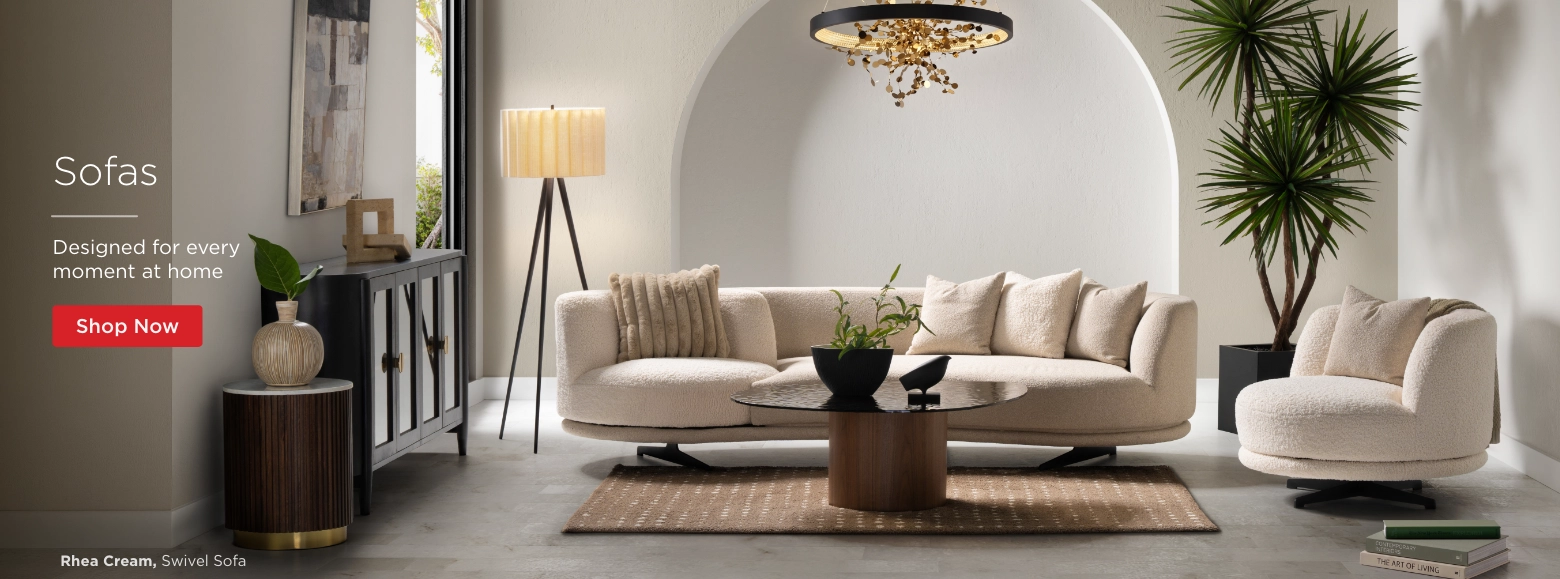 Sofas. Designed for every moment at home. Shop Now. Rhea Cream, Swivel Sofa.