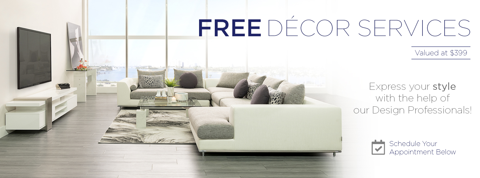 Free décor service. Receive a $50 furniture card. Schedule an appointment online to receive your free furniture card.